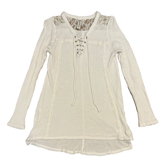 American Rag Cie Tops - American Rag Crochet-Trim Lace-Up Waffle-Knit Top in Pale Cream, Size Small
